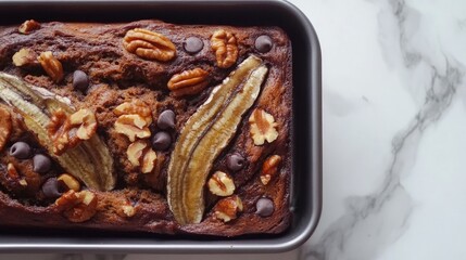 Delicious homemade banana bread topped with walnuts and chocolate chips perfect for a healthy breakfast or dessert option
