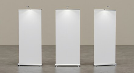 Three empty rollup banners stand. Blank template. Exhibition stand roll-up banners mockup.