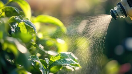 Pest Control Techniques Using Insecticide Spray on Green Leaves in Home Garden