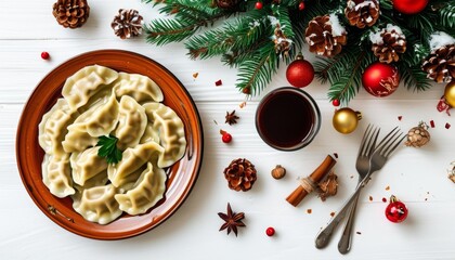 Traditional Dumplings on Rustic Plate Surrounded by Festive Decorations and Pine Foliage