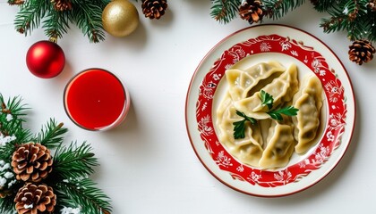 Top View of Traditional Dumplings on Decorative Plate Surrounded by Festive Decorations