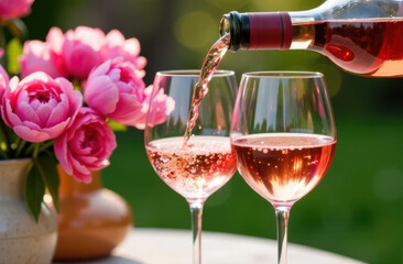 A serene and romantic scene featuring two glasses of rosé wine being poured, accompanied by fresh pink peonies. Perfect for Valentine's Day, social media content