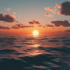 Obraz premium Vibrant sunset over calm ocean waters.