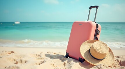 Suitcase and accessories for travel vacation on the sand