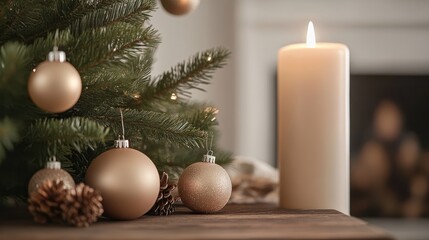 Elegant minimalist Christmas still life with a simple tree golden ornaments and a lit candle creating a warm festive atmosphere