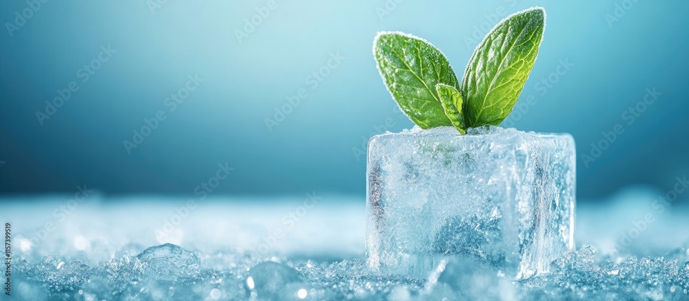 Poster mint leaf encapsulated in ice cube with soft blue background for text overlay and creative design us