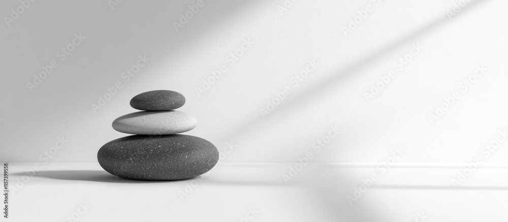 Poster natural stone stack on white background creating a serene ambiance with shadow and ample space for t