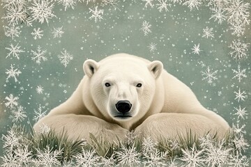 Obraz premium Majestic Polar Bear Resting Amidst Winter Snowflakes