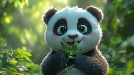 Fototapeta premium Adorable Panda Cub Enjoying Bamboo in Lush Forest