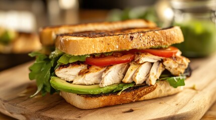 Open faced chicken and avocado sandwich with fresh ingredients on a rustic wooden board for a delicious meal presentation