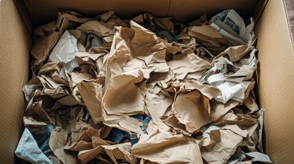 Cardboard box filled with crumpled paper waste displaying cluttered packing material concept for recycling and environmental sustainability