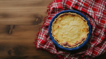 Homemade apple pie in a rustic blue dish on red tartan cloth atop a wooden surface celebrating autumn culinary traditions