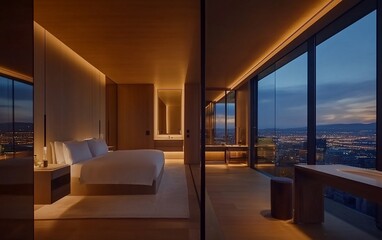 Luxurious hotel room with city view at night.