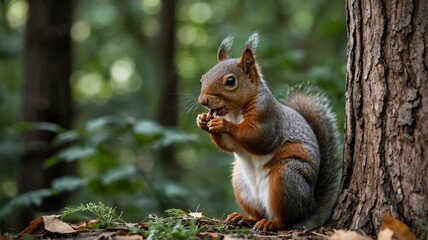 Obraz premium Focused Squirrel Facing Off Over Food in Natural Forest Setting