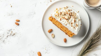 Homemade carrot cake slice topped with cream and almonds alongside a coffee cup on a textured white background horizontal view
