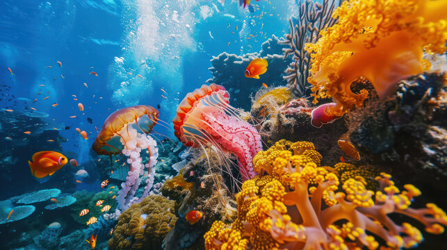 A fascinating underwater view of sea creatures like jellyfish, octopuses, and rays coexisting in a vibrant reef ecosystem