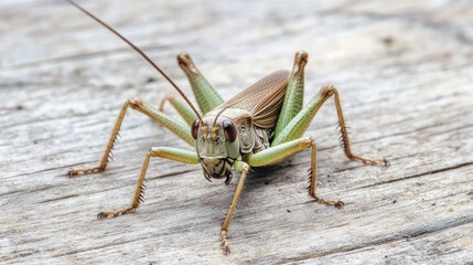 Fototapeta premium Insect with Long Antennae and Brown Green Coloring on Natural Wood Background Highlighting Soft Lighting and Copy Space for Text Areas