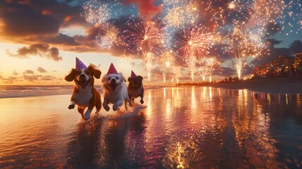 Dogs Celebrate with Fireworks at Sunset