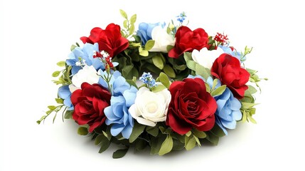 Beautiful flower crown featuring vibrant red, white, and blue flowers on a pristine white background, perfect for seasonal celebrations, festivals, and special occasions.