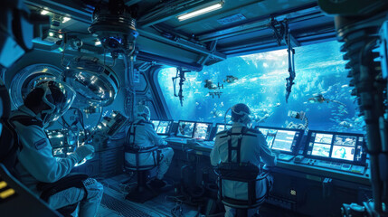 Obraz premium A futuristic underwater lab with scientists working amidst holographic displays and advanced gear