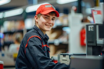 Portrait of a smiling young male postman sorting in a post office