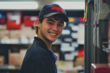 Portrait of a smiling young male postman sorting in a post office