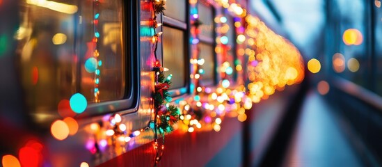 Joyful festive train decorated with vibrant Christmas lights and a blurred background offering space for holiday text or message