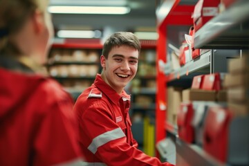 Portrait of a smiling young male postman sorting in a post office
