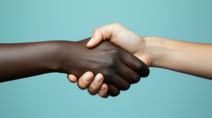 A close-up of two hands shaking, symbolizing unity, partnership, and collaboration across diverse backgrounds against a light blue backdrop.