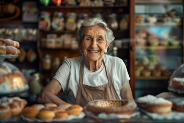 Portrait of a smiling happy female pastry shop owner