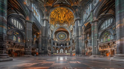 Naklejka premium Grand cathedral interior, high ceilings, stained glass rose window, stone columns, intricate architecture.