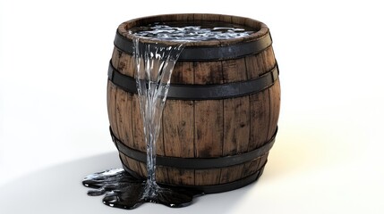 Fototapeta premium Wooden barrel overflowing with liquid creating a dramatic visual composition for artistic or thematic use in publications or advertisements.