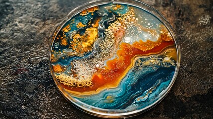 A vibrant resin art piece featuring swirling blues, oranges, and golds, resembling a cosmic landscape captured in a circular form.