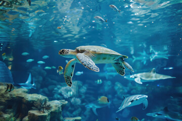A group of sea turtles swimming gracefully alongside manta rays and other sea creatures in tranquil blue waters