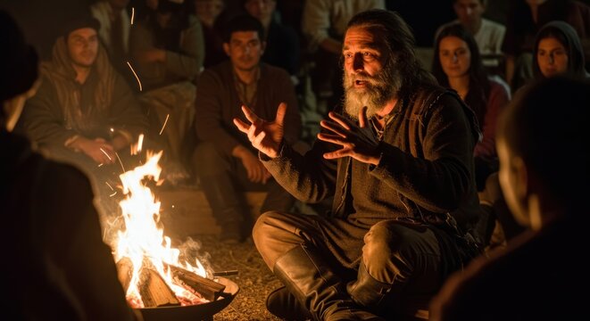 Old Man Telling Stories Around Campfire