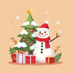 A jolly snowman wearing a red hat and scarf, standing next to a decorated Christmas tree with presents underneath