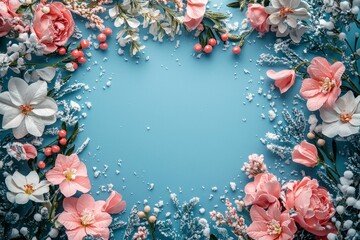 Obraz premium Festive Floral Border Arrangement with Pink and White Flowers on a Blue Background Perfect for Christmas Greetings and Art Projects