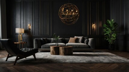 Elegant Living Room with Dark Walls and Purple Velvet Couches