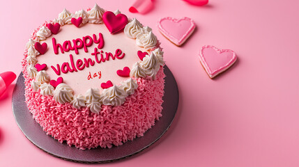 cake and  happy valentine day's text on pink background