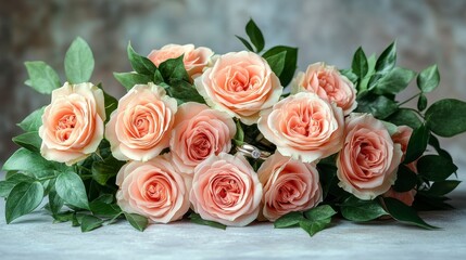Obraz premium Peach roses bouquet with wedding rings.