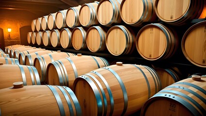 Rows of aged wine barrels in a dimly lit cellar, promising rich stories and exquisite flavors.  A timeless atmosphere.