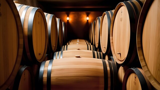 Rows of aged wine barrels in a dimly lit cellar; a timeless scene hinting at rich history and exquisite flavors.