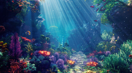 A mesmerizing underwater world with vibrant corals, diverse marine life, and shimmering light rays filtering through the ocean surface