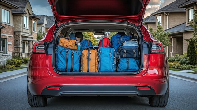 Family road trip adventure with open red car trunk packed for travel