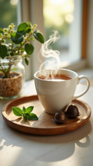 A cozy setting with a cup of tea accompanied by a small tray of magnesium capsules and chocolate chips, creating a relaxing wellness moment.