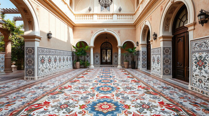 Obraz premium Courtyard with Ornate Tile Floor and Archway