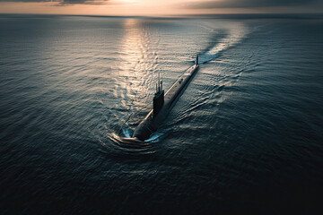 Fototapeta premium Beautiful large submarine floating in middle of deep ocean during mission, abstract vivid composition consists of fictional unreal fantastic vision on background