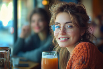 Bright afternoon conversation over refreshing juice with a friend