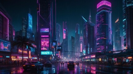 Futuristic City with Neon Reflections and Holographic Ads