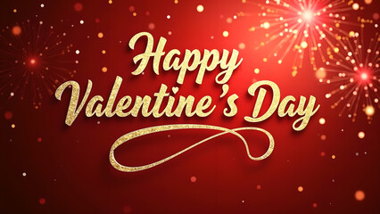 Happy Valentine's Day graphic design with fireworks and gold glitter.